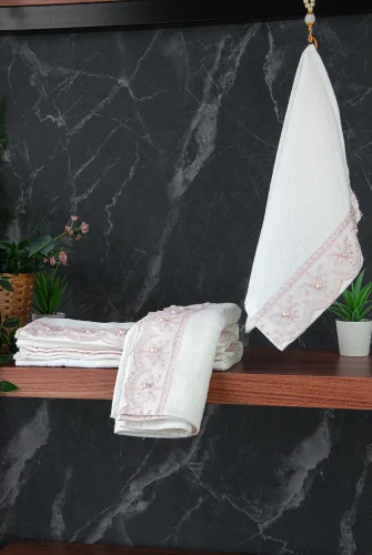 % 100 Pamuklu Kadife Güpürlü İnci Işlemeli 6 lı Çeyizlik El Yüz Havlu Seti - 30x50 cm - 04466 - Pembe - 5