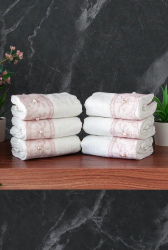 % 100 Pamuklu Kadife Güpürlü İnci Işlemeli 6 lı Çeyizlik El Yüz Havlu Seti - 30x50 cm - 04466 - Pembe - 6