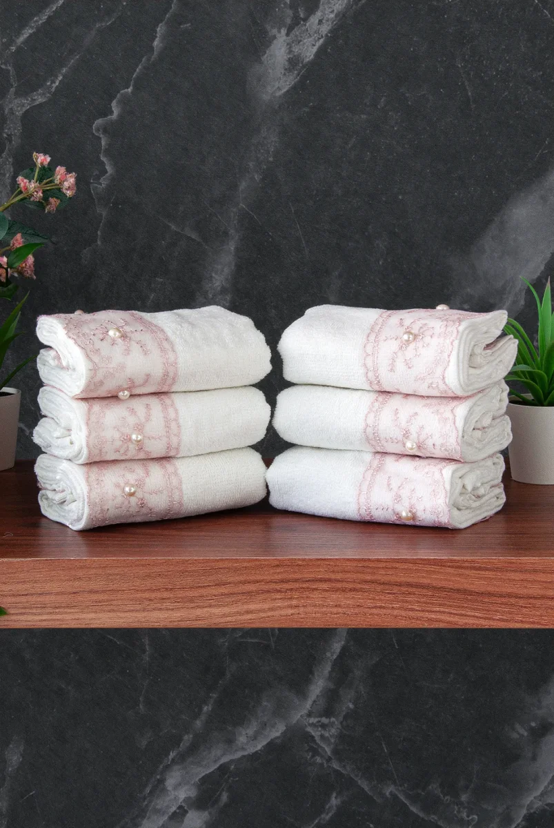 % 100 Pamuklu Kadife Güpürlü İnci Işlemeli 6 lı Çeyizlik El Yüz Havlu Seti - 30x50 cm - 04466 - Pembe - 6