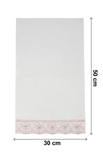 % 100 Pamuklu Kadife Güpürlü İnci Işlemeli 6 lı Çeyizlik El Yüz Havlu Seti - 30x50 cm - 04466 - Pembe - 7