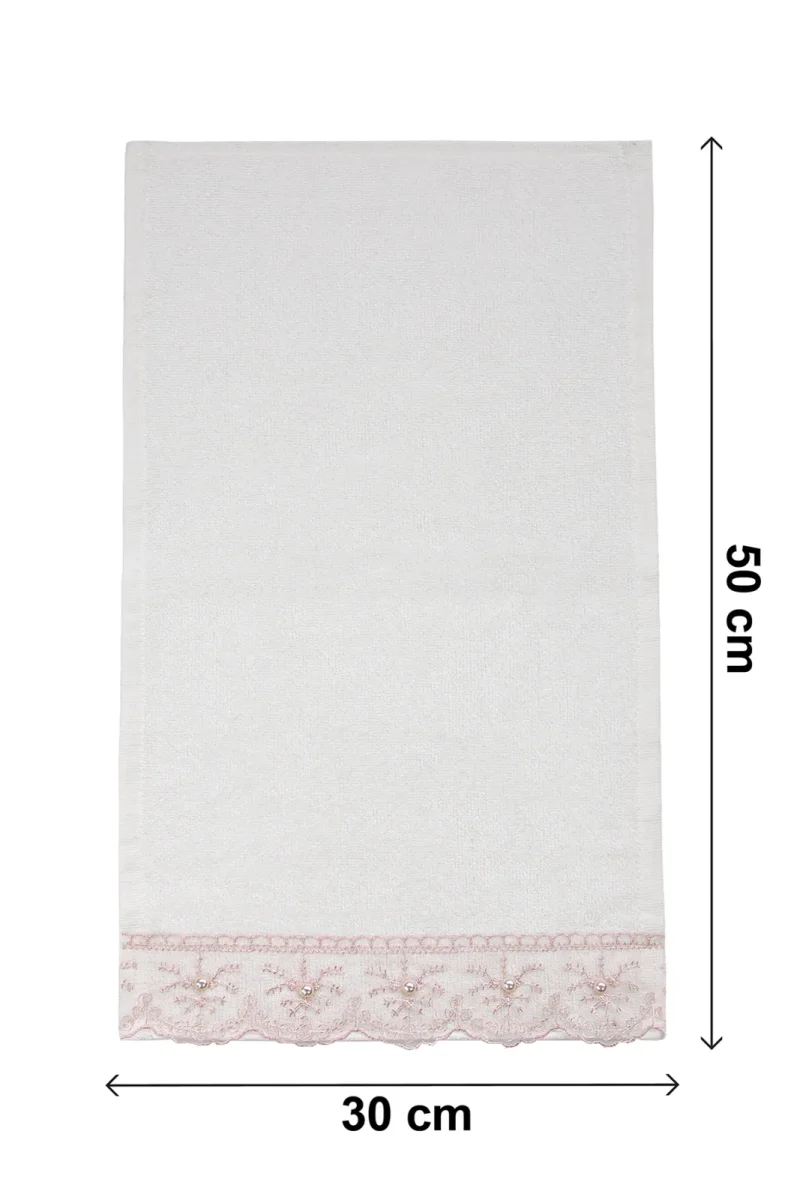 % 100 Pamuklu Kadife Güpürlü İnci Işlemeli 6 lı Çeyizlik El Yüz Havlu Seti - 30x50 cm - 04466 - Pembe - 7