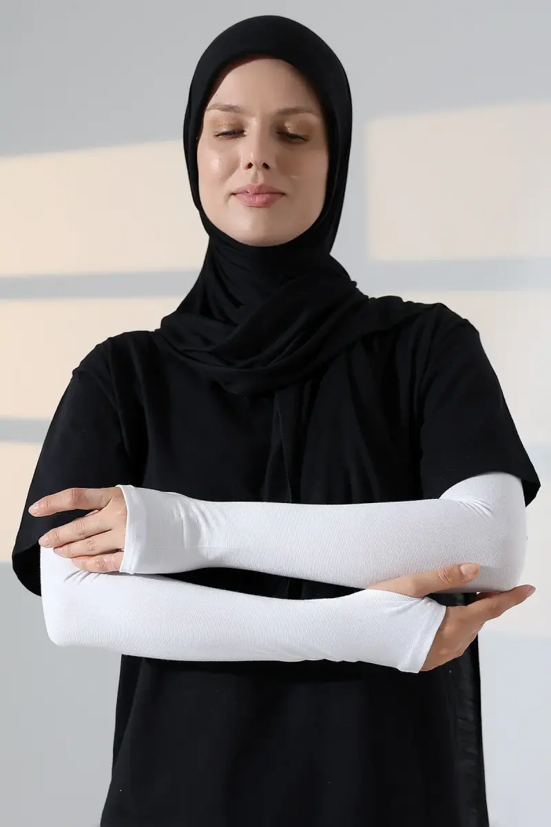 Parmak Geçmeli Kadın Penye Tesettür Kolluk - Beyaz - 4