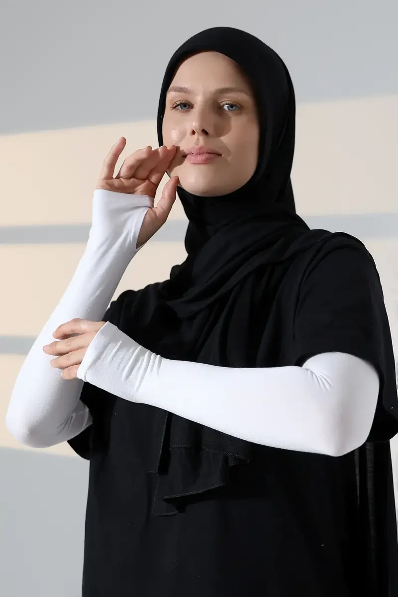 Parmak Geçmeli Kadın Penye Tesettür Kolluk - Beyaz - 5