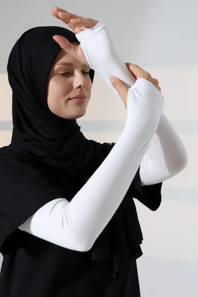 Parmak Geçmeli Kadın Penye Tesettür Kolluk - Beyaz - 6