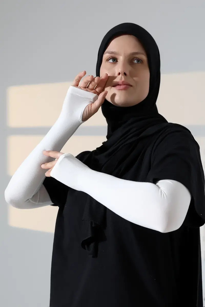 Parmak Geçmeli Kadın Penye Tesettür Kolluk - Krem - 4