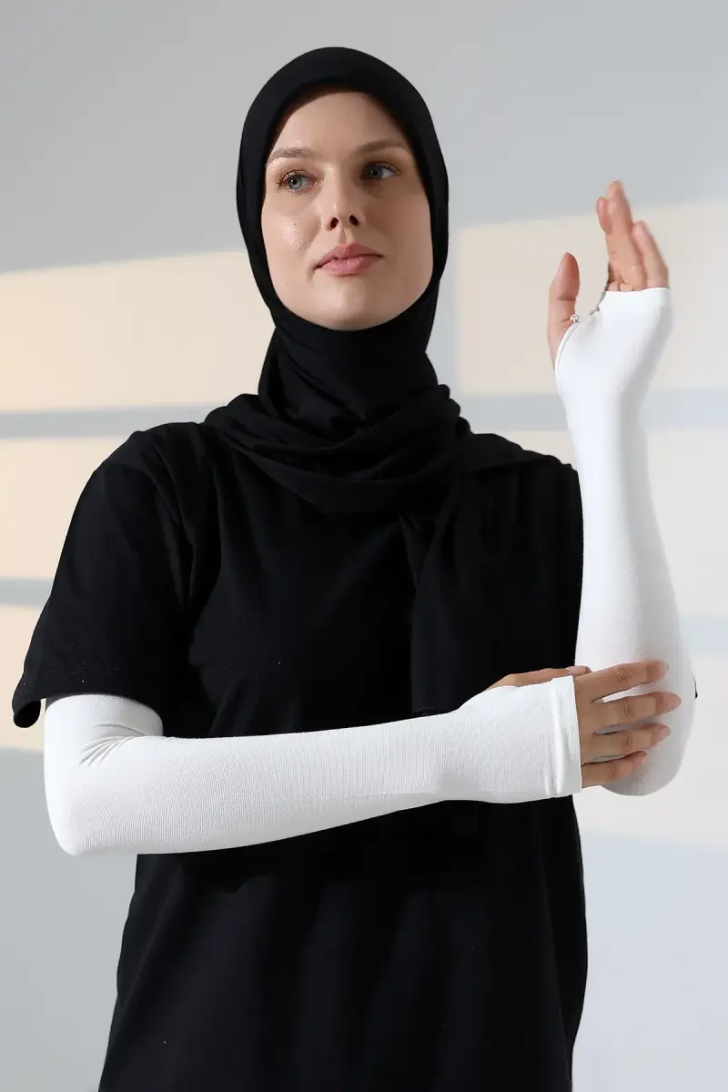 Parmak Geçmeli Kadın Penye Tesettür Kolluk - Krem - 1