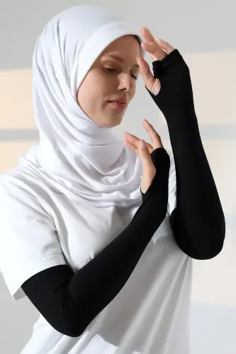 Parmak Geçmeli Kadın Penye Tesettür Kolluk - Siyah 