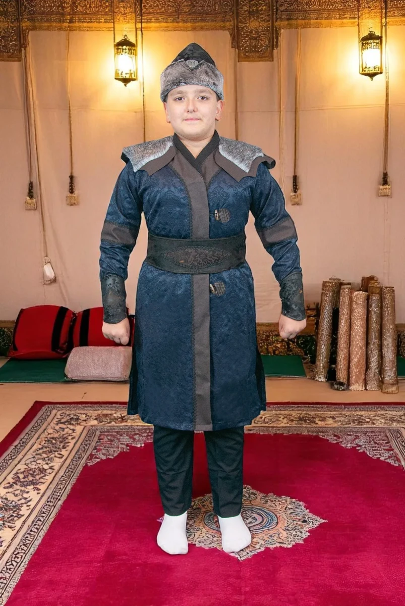 Peluş Kürk Detaylı Ertuğrul Erkek Çocuk Kostümü, Alp Kıyafeti Lacivert - 1