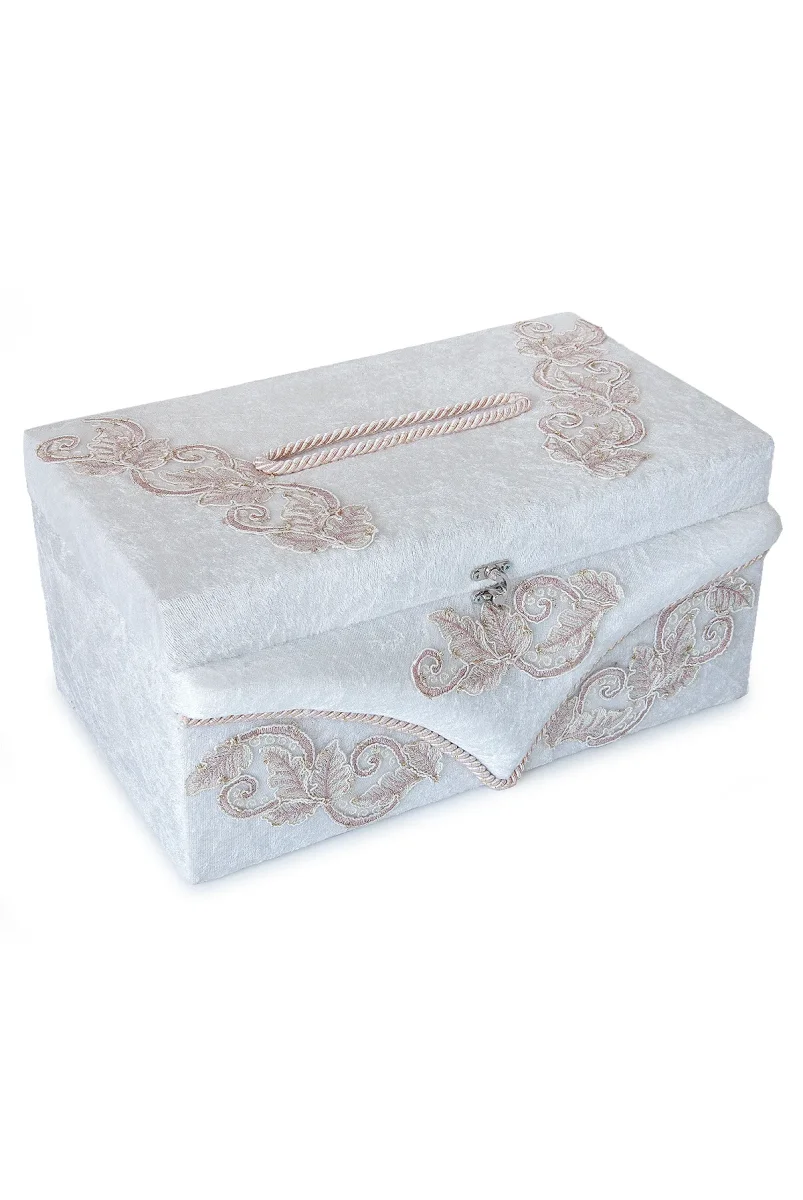 Pembe Çiçek Detaylı Kadife Takı Sandığı - 3