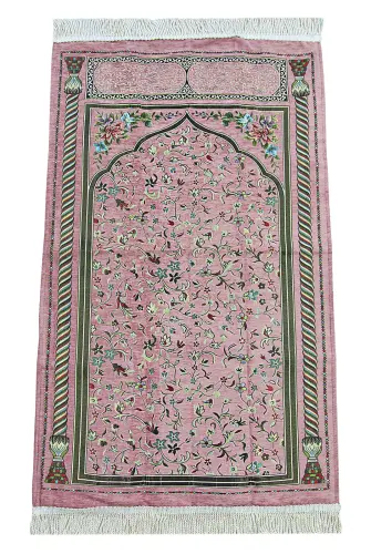 Pembe Çiçekli Ravza Desenli Astarlı Şönil Seccade 