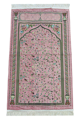 Pembe Çiçekli Ravza Desenli Astarlı Şönil Seccade 
