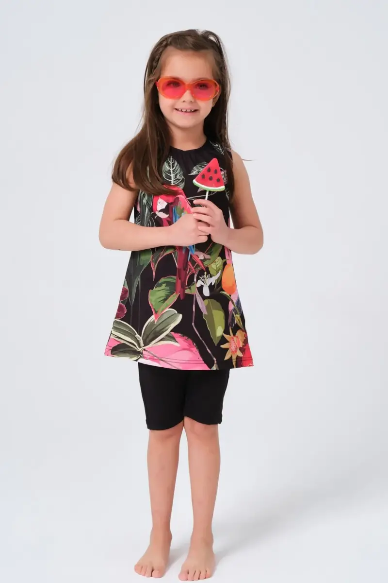 Pembe Desenli Sıfır Kol Tayt Şortlu Kız Çocuk Mayo 23150 - 1