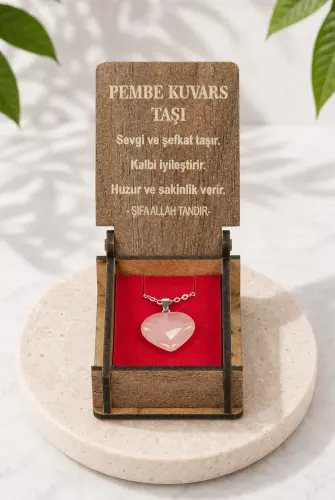 Pembe Kuvars Taşı Kalp Kolye - Ahşap Kutulu Hediyelik 
