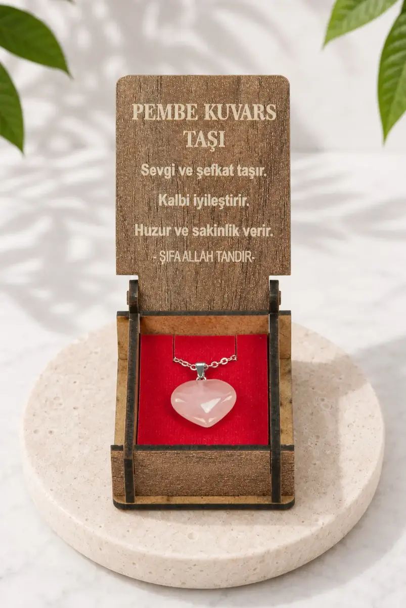 Pembe Kuvars Taşı Kalp Kolye - Ahşap Kutulu Hediyelik - 1