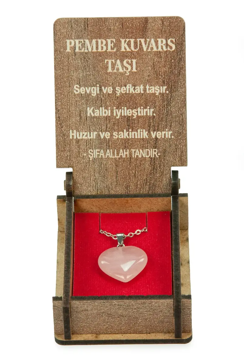 Pembe Kuvars Taşı Kalp Kolye - Ahşap Kutulu Hediyelik - 5