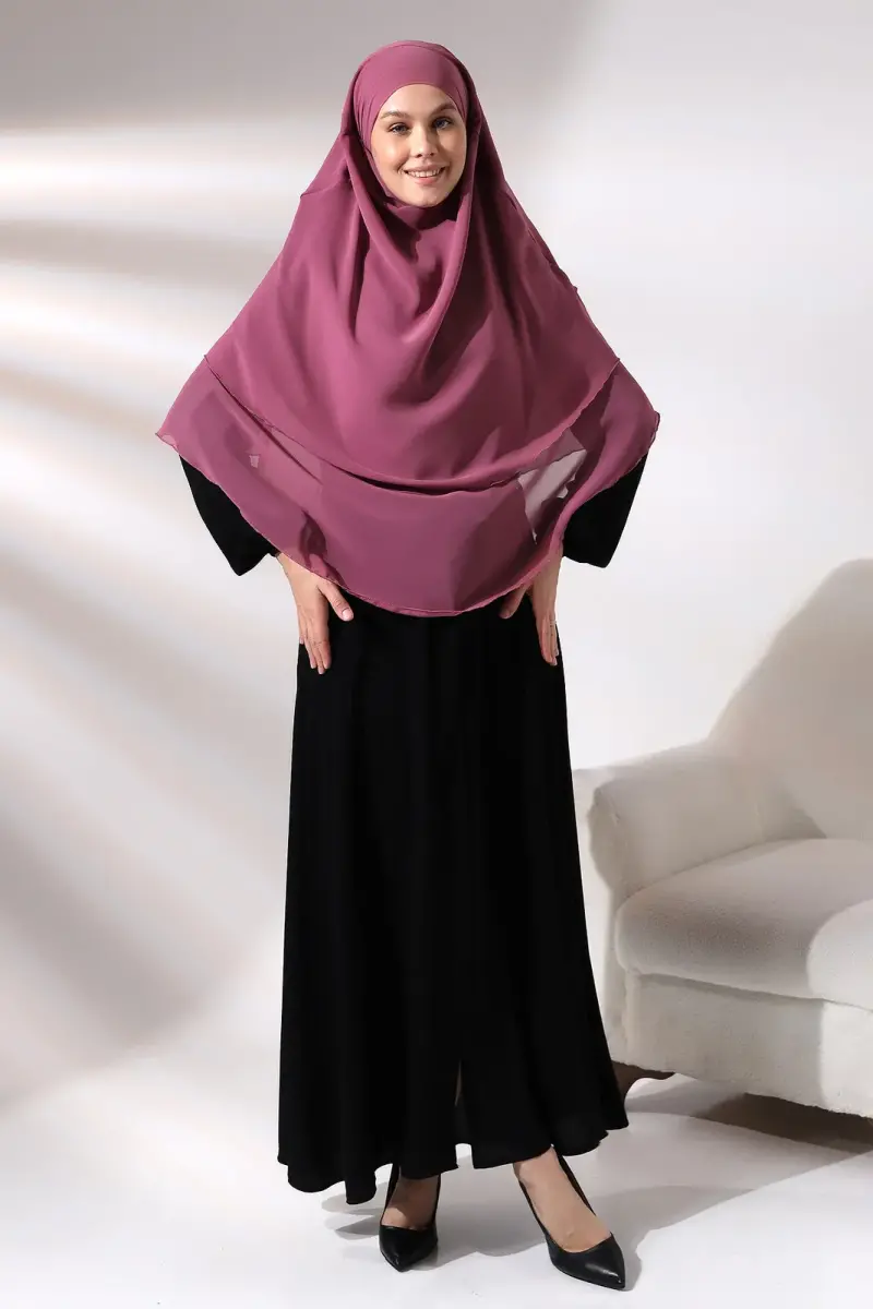 Pembe Üç Katlı Peçeli Kısa Şifon Tesettür Sufle Eşarp - 5