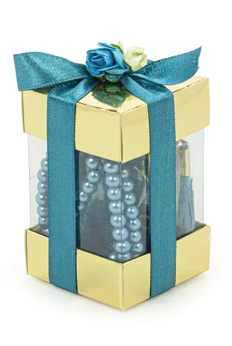 Pencere Kutulu Mini Kuran Seti - İnci Tesbihli - Pleksili - Mavi - ihvanonline (1)