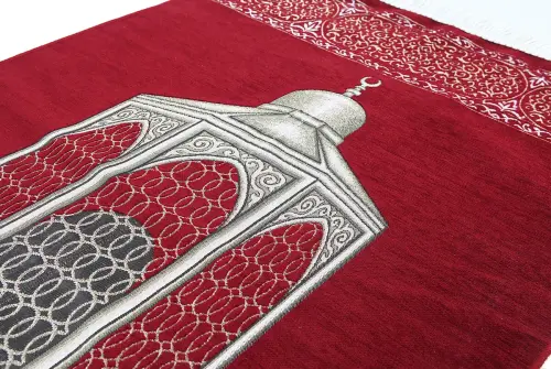 Personalized Name Embroidered Mausoleum Ibrahim Patterned Luxury Chenille Prayer Rug - Claret Red - İhvan (1)