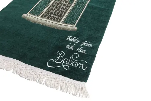 Personalized Name Embroidered Mausoleum Ibrahim Patterned Luxury Chenille Prayer Rug - Green - İhvan (1)