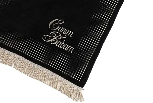 Personalized Name Embroidered Mihrab Pattern Plain Chenille Prayer Rug Black - İhvan (1)