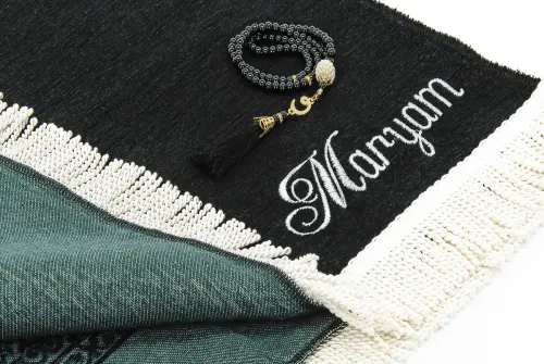 Personalized Name Embroidered Ultra Plus Kaaba Cover Prayer Rug Black - 2