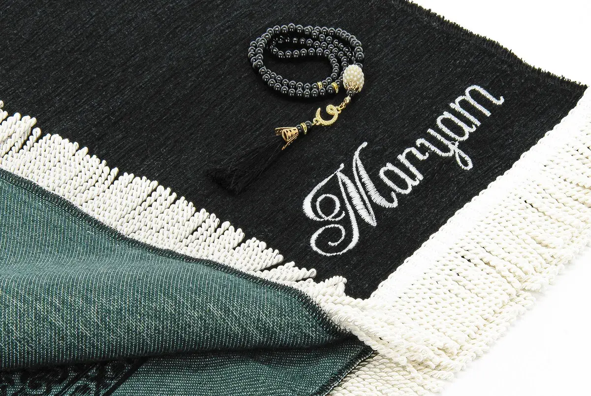 Personalized Name Embroidered Ultra Plus Kaaba Cover Prayer Rug Black - 2
