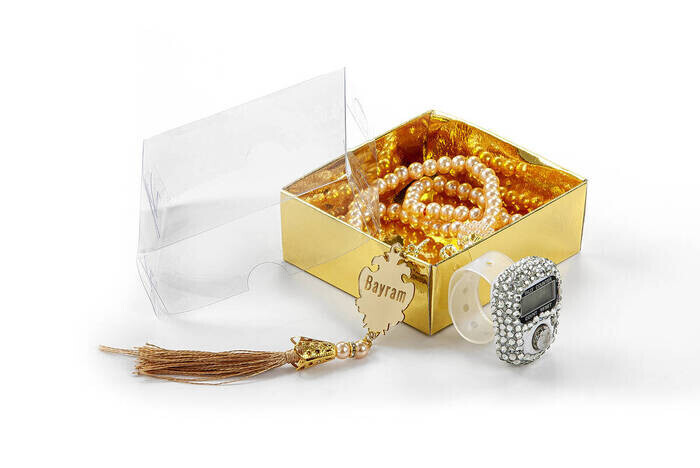 Personalized Plexi Pearl Rosary and Zikirmatik Mevlid Gift Set - Gold Color - Thumbnail