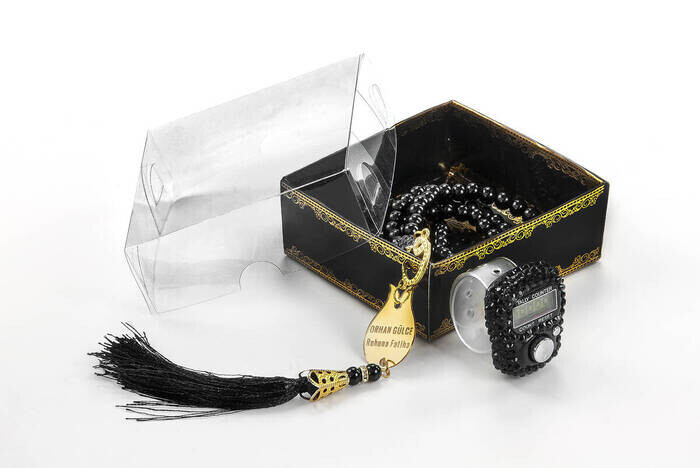 Personalized Plexi Pearl Rosary with Zikirmatik Mevlid Gift Set - Black Color