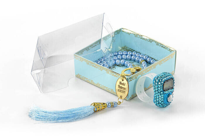 Personalized Plexi Pearl Rosary with Zikirmatik Mevlid Gift Set - Blue Color - Thumbnail