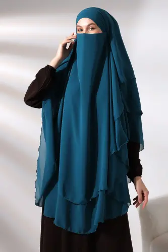 Petrol Chiffon Three Layer Veiled Long Hijab Soufflé Scarf - 2