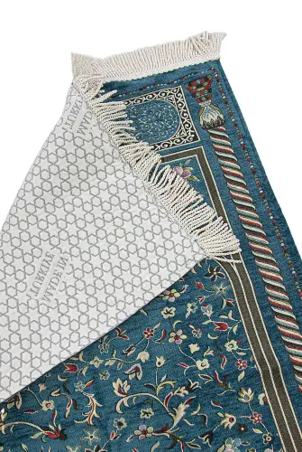 Petrol Çiçekli Ravza Desenli Astarlı Şönil Seccade - ihvanonline (1)