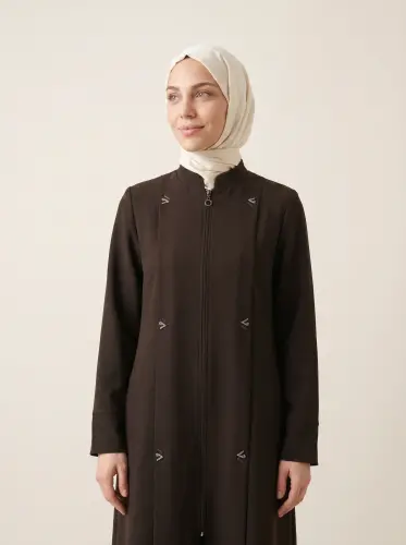 Pile Detaylı Ferace Fermuarlı Cepli Bisiklet Yaka Duble Manşetli 9554-26 Kahve - Beyza (1)