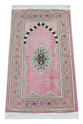 Pink Flower Motifed Mihrab Lined Chenille Prayer Rug - 1