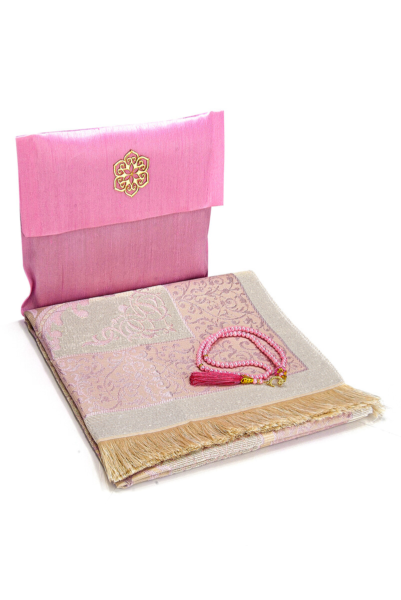 Pink Color Mevlid Gift with Slub Fabric Sachet, Prayer Rug, Rosary - Thumbnail