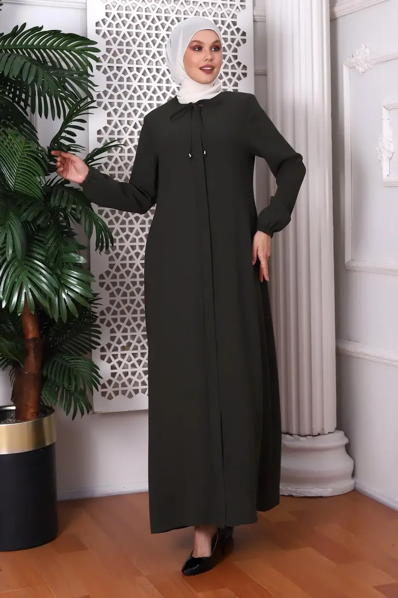Plain Khaki Neck Laced Abaya 9229-22 - 1
