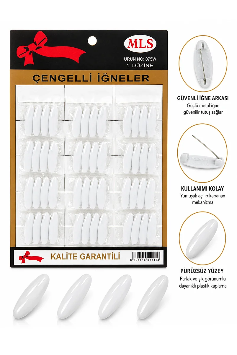 Plastik Kaplı Renkli Çengelli İğne 12 Paket 48 Adet - Beyaz - 1