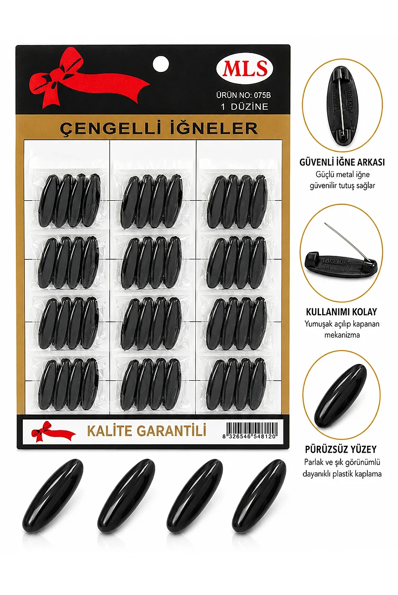 Plastik Kaplı Renkli Çengelli İğne 12 Paket 48 Adet - Siyah - 1