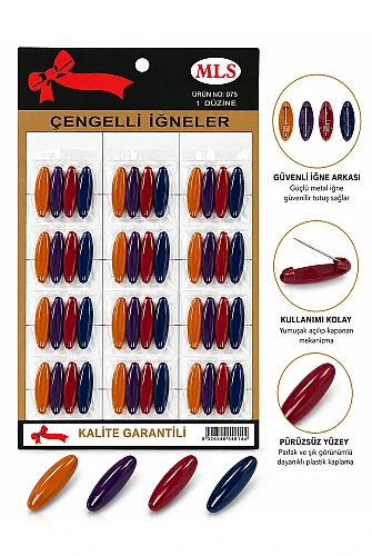 Plastik Kaplı Renkli Çengelli İğne 12 Paket 48 Adet - Çok Renkli 
