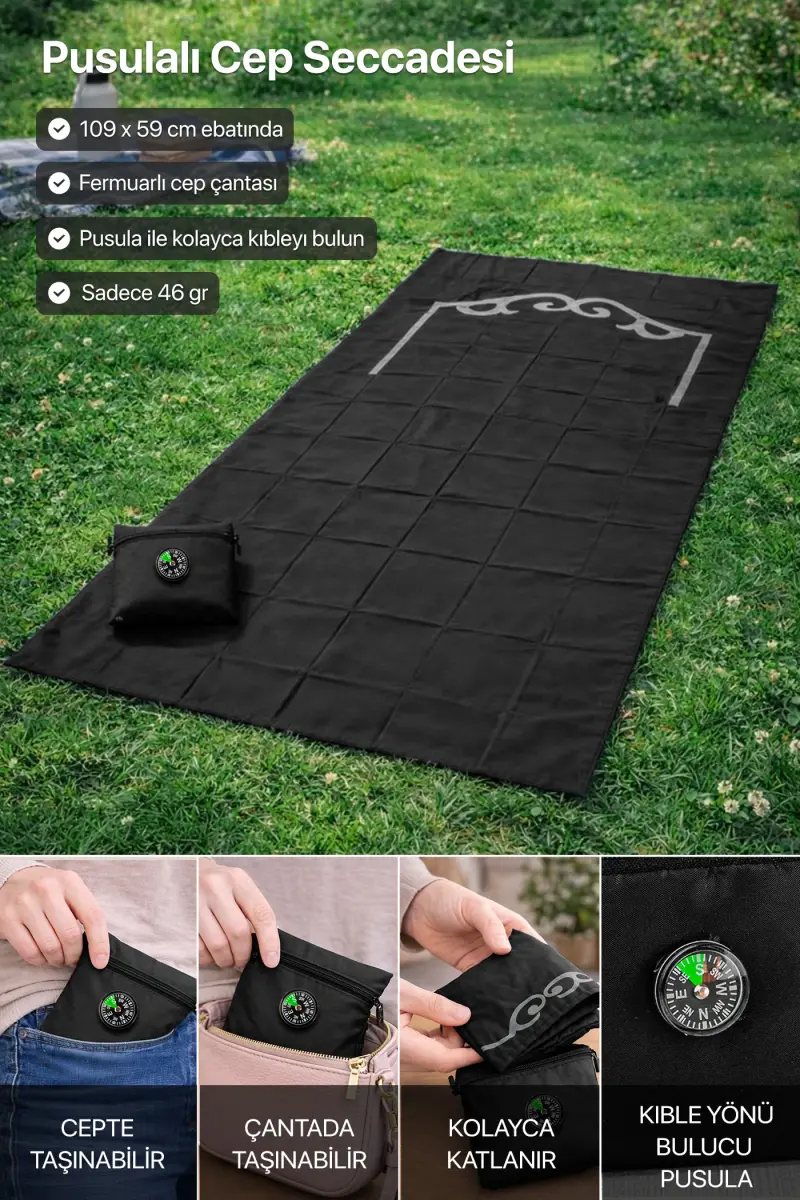 Pocket Prayer Rug with Compass - Black Color - 1