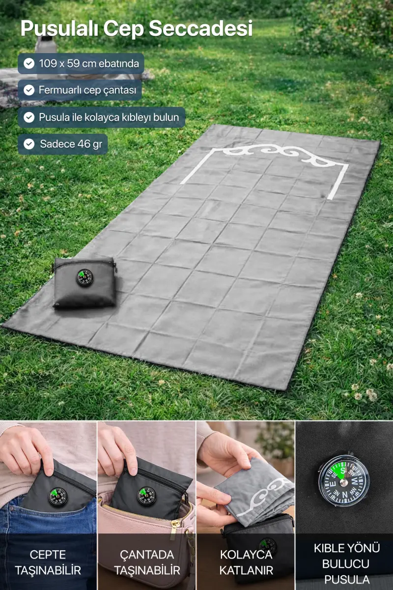 Pocket Prayer Rug With Compass - Gray Color - 1