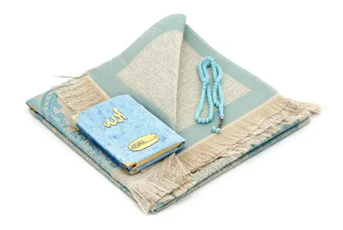 Pocket Size Velvet Book of Yasin - Prayer Rug - Rosary and Mevlid Gift with Transparent Box - Blue - 2
