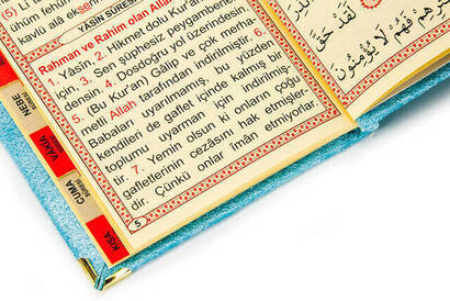 Pocket Size Velvet Yasin Book Prayer Rug With Name Plate Rosary Boxed Special Set Blue - 4