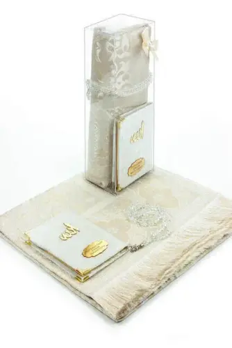 Pocket Size Velvet Yasin Book Prayer Rug With Name Plate Rosary Boxed Special Set White - 1