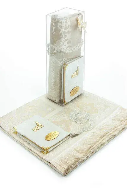 Pocket Size Velvet Yasin Book Prayer Rug With Name Plate Rosary Boxed Special Set White - 1