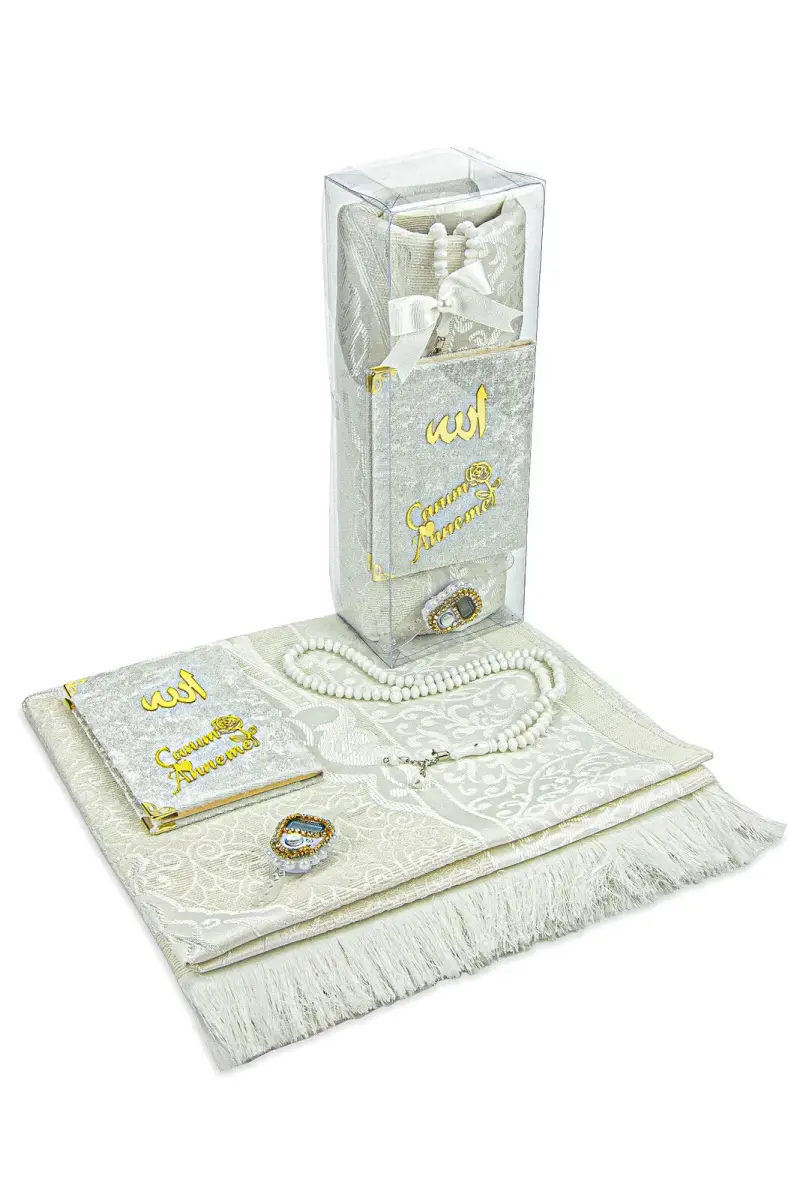 Pocket Size Velvet Yasin Book Special for Birthdays and Mother's Day Prayer Rugs Crystal Plastic Rosary Boxed Set White - 1