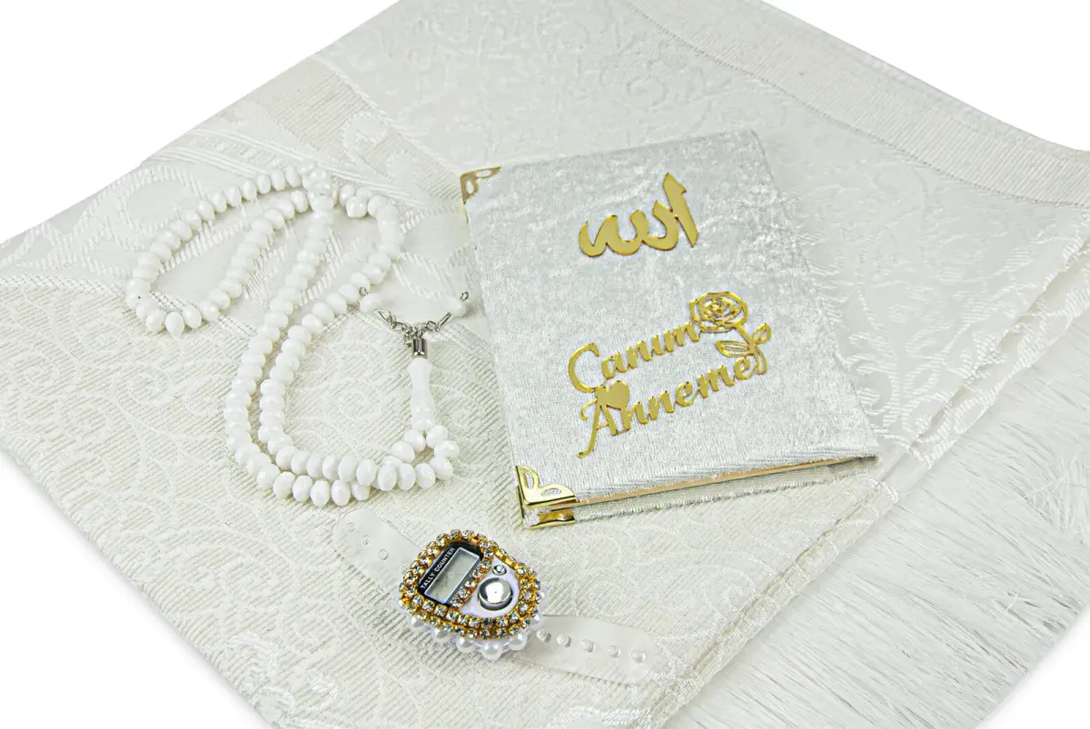 Pocket Size Velvet Yasin Book Special for Birthdays and Mother's Day Prayer Rugs Crystal Plastic Rosary Boxed Set White - 3