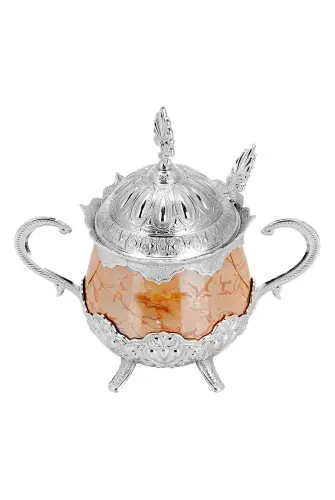 Porcelain Round Sugar Bowl with Spoon Orange Patterned Silver Color - 1