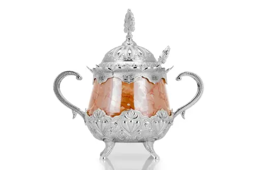 Porcelain Round Sugar Bowl with Spoon Orange Patterned Silver Color - 2