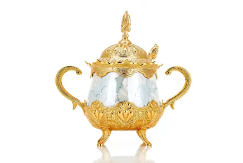 Porselenli Yuvarlak Kaşıklı Şekerlik Mavi Desenli Gold Renk - İhvan (1)