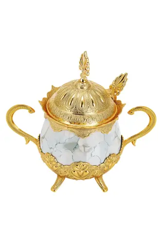 Porselenli Yuvarlak Kaşıklı Sunum Hediyelik Mavi Desenli Gold Renk 